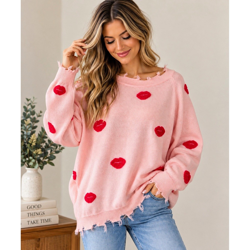 Aaron & Amber Pink Knit Pullover Sweater Crewneck Lips Polka Dot L MAS1850